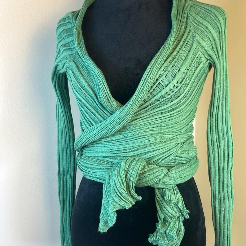 Ioanna Kourbela‎ Green Ribbed Sleeved Cardigan Shrug Wrap Sweater Chic Trendy